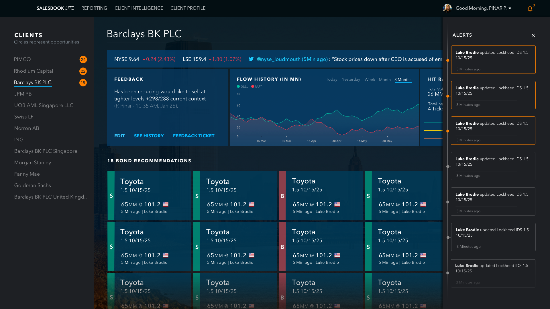 Alerts side panel expanded showing recent trader updates and security changes