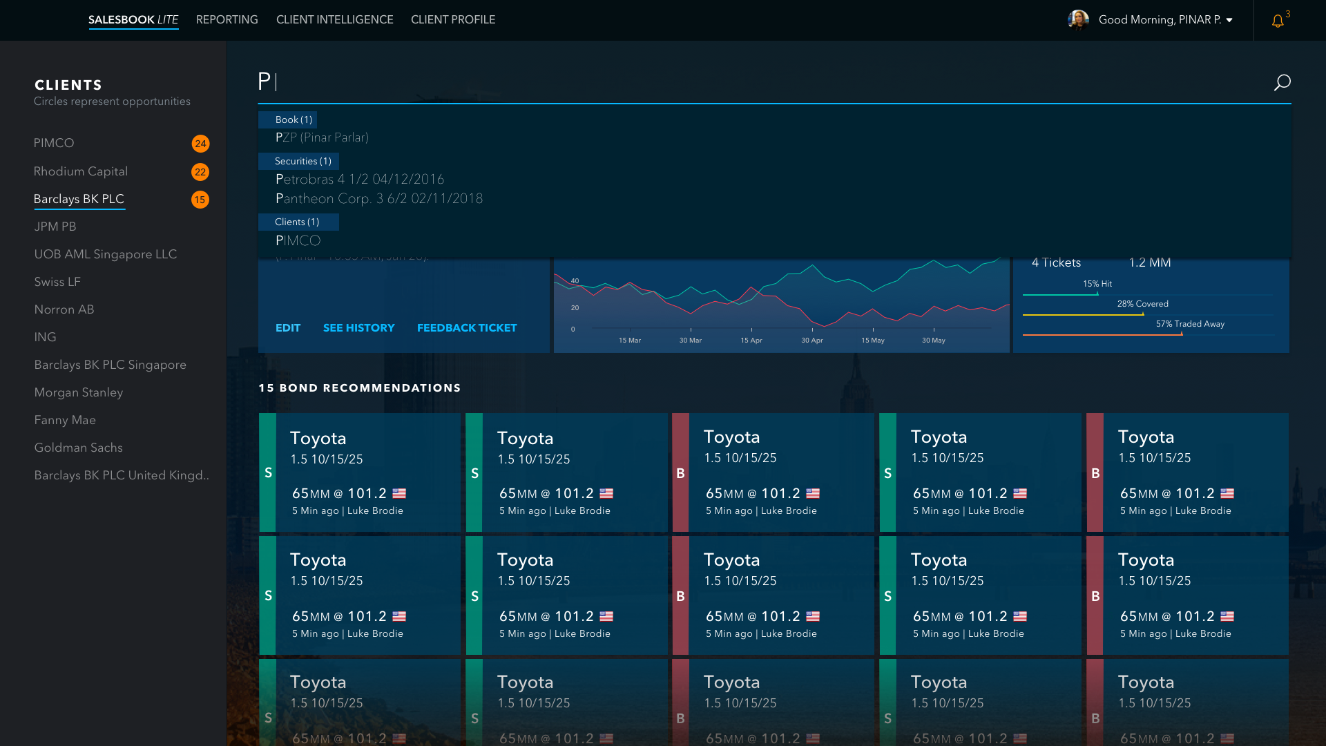 Search state showing typed query with results filtered by securities and clients